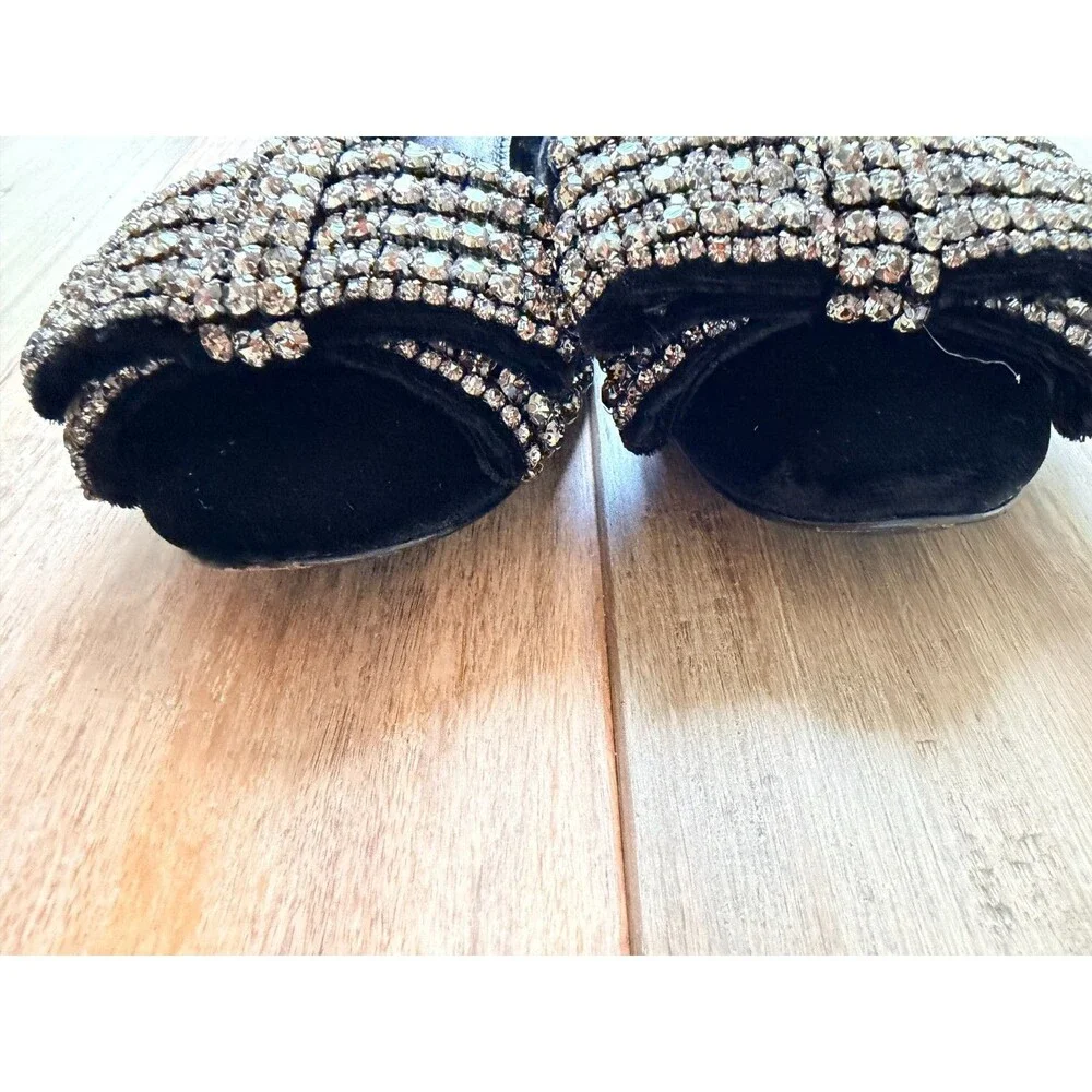 Tory Burch Black Velvet Peep Toe Crystal Bow Flats - Leather Sole - Size 6M